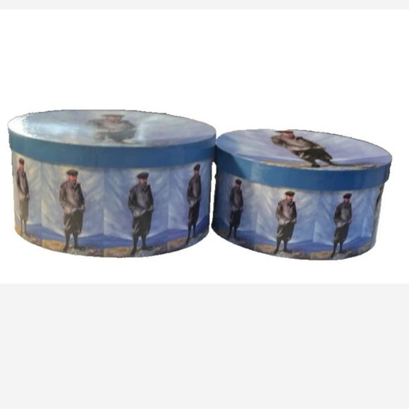 (2) Vintage Keepsake / Hat Box Blue W/Art of Scottish Golfer Robert Maxwell - Picture 6 of 7